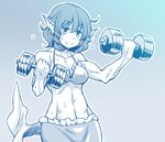  alternate_costume animal_ears bikini dra drill_hair dumbbell exercise head_fins japanese_clothes kimono lifting mermaid monochrome monster_girl short_hair smile solo swimsuit toned touhou underwater wakasagihime weightlifting 