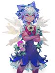  1girl arlmuffin blue_bow blue_dress blue_eyes blue_hair bow cirno commentary cowboy_shot crossed_arms dress eyebrows_visible_through_hair flower hair_bow hidden_star_in_four_seasons ice ice_wings looking_at_viewer no_pupils parted_lips plant red_bow short_hair short_sleeves simple_background smile solo sunflower tan tanned_cirno touhou vines white_background wing_collar wings 