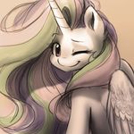  cute equine female feral friendship_is_magic fur hair horn katputze long_hair looking_at_viewer mammal multicolored_hair my_little_pony one_eye_closed portrait princess_celestia_(mlp) smile solo white_fur winged_unicorn wings wink 