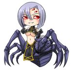  arachne blackgeneride breasts carapace chibi claws elbow_gloves extra_eyes full_body gloves grin insect_girl large_breasts lavender_hair monster_girl monster_musume_no_iru_nichijou multiple_legs navel pelvic_curtain rachnera_arachnera red_eyes signature simple_background smile solo spider_girl underboob white_background 
