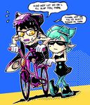  2girls ankle_boots aori_(splatoon) bicycle black_hair boots commentary detached_collar earrings flying_sweatdrops food food_on_head gloves green_hair ground_vehicle hotaru_(splatoon) jewelry long_hair multiple_girls object_on_head pantyhose pointy_ears riding setz short_jumpsuit simple_background splatoon_(series) splatoon_1 sushi sweatdrop symbol-shaped_pupils tentacle_hair unitard white_gloves yellow_eyes 