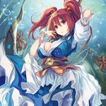  album_cover arm_up blush breasts cleavage coin cover dress fal_maro flower hair_bobbles hair_ornament large_breasts looking_at_viewer obi onozuka_komachi open_mouth puffy_sleeves red_eyes red_hair sash scythe short_sleeves solo spider_lily touhou two_side_up wrist_cuffs 