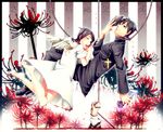  2boys bad_id bad_pixiv_id black_hair blood bloody_clothes book closed_eyes cross cross_necklace dress flower furu_(retr0e) fuura_kafuka itoshiki_nozomu jewelry kudou_jun multiple_boys necklace priest robe rope sayonara_zetsubou_sensei short_hair smile spider_lily spoilers 