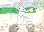  2_tails alcohol beach beer beverage bikini canine celeste cleavage clothed clothing crabs female food gssniper hammer hat looking_at_viewer mammal maryland multiple_tails natty_boh one_eye_closed palm_tree seagulls seaside swimsuit tools tree water wink 