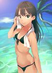  absurdres bikini breasts brown_hair green_eyes highres idolmaster idolmaster_cinderella_girls long_hair looking_at_viewer q_(ed69) shibuya_rin small_breasts smile solo swimsuit towel 