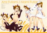  2girls bikini black_bikini black_gloves black_legwear blue_legwear brown_eyes brown_hair character_name choker demon_tail devil_horns elbow_gloves futami_ami futami_mami gloves hand_on_hip highres idolmaster looking_at_viewer looking_back measurements micro_bikini multiple_girls navel ooyari_ashito pleated_skirt sailor_collar siblings side_ponytail simple_background skirt socks stats swimsuit tail thighhighs translated twins white_gloves 