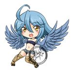  :d ahoge bandeau blackgeneride blue_hair blue_wings breasts chibi feathered_wings feathers full_body harpy highres monster_girl monster_musume_no_iru_nichijou navel open_mouth papi_(monster_musume) scales short_shorts shorts signature simple_background small_breasts smile solo talons watermark white_background wings yellow_eyes 