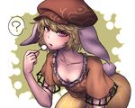  ? animal_ears bent_over blonde_hair breasts bunny_ears bunny_tail cleavage collarbone dango downblouse flat_cap floppy_ears food hat looking_at_viewer miata_(miata8674) open_mouth orange_shirt pants red_eyes ringo_(touhou) shirt short_hair short_sleeves small_breasts solo speech_bubble striped tail touhou wagashi 