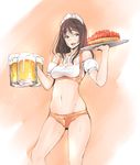  :d alcohol bare_shoulders beer beer_mug breasts brown_hair cleavage cup food groin holding holding_cup long_hair maid_headdress medium_breasts midriff navel open_mouth orange_eyes original smile solo sweat tart_(food) tray tsukino_wagamo 