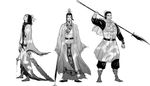  beard blood brothers cao_pi cao_zhang cao_zhi chinese_clothes facial_hair glaive greyscale hanfu headdress highres ktsn long_hair male_focus monochrome multiple_boys mustache polearm siblings souten_kouro sword topknot weapon 