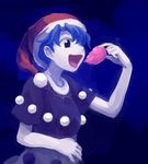 blob blue_eyes blue_hair doremy_sweet dream_soul dress eating hat highres nightcap open_mouth otama_(jcts) pom_pom_(clothes) short_hair solo touhou 