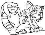  anthro balls bandage black_and_white bottomless breasts character_request clothed clothing duo epilepticgerbil eyes_closed female from_behind half-dressed knuckles_the_echidna male male/female mammal monochrome nipples nude raised_tail sex shirt shirt_lift simple_background sketch smile sonic_(series) sonic_boom teeth 
