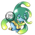  ahoge blackgeneride blue_skin blush boots chibi full_body goo_girl green_eyes green_hair long_hair monster_girl monster_musume_no_iru_nichijou raincoat rubber_boots signature simple_background solo suu_(monster_musume) tentacle_hair very_long_hair white_background yellow_footwear 