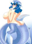  akasode_(tyaramu) animal_ears ass blue_eyes blue_hair blush breasts commentary_request drill_hair gills head_fins highres large_breasts looking_at_viewer looking_back mermaid monster_girl monster_musume_no_iru_nichijou nude pointy_ears scales short_hair smile solo touhou wakasagihime webbed_hands 
