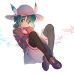  1girl bangs black_gloves black_legwear brown_footwear commentary crossed_ankles elbow_gloves eyebrows_visible_through_hair full_body gloves green_eyes green_hair hair_between_eyes hair_ribbon hat hat_feather highres jacket kaban_(kemono_friends) kemono_friends legwear_under_shorts looking_at_viewer low_ponytail mary_janes medium_hair mifu_(b24vc1) open_clothes open_jacket pantyhose red_shirt ribbon shirt shoes short_ponytail short_sleeves shorts simple_background solo white_background white_headwear yellow_ribbon 