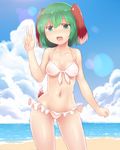  animal_ears bad_id bad_pixiv_id beach bikini blue_sky blush cloud day fang green_eyes green_hair kasodani_kyouko looking_at_viewer navel open_mouth outdoors sand short_hair sky smile solo swimsuit tail touhou v water yonaga_(masa07240) 