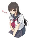  black_hair blush brown_hair commentary_request glasses hair_between_eyes hand_on_own_arm long_hair looking_at_viewer red_eyes sakuramachi_touko sasamori_tomoe school_uniform serafuku short_sleeves sidelocks simple_background skirt smile solo succubus_stayed_life translated tsurime white_background 