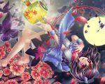  barefoot bracelet bug butterfly dress flower full_moon highres insect jewelry kakiikada kijin_seija miracle_mallet moon multicolored_hair petals red_eyes short_hair streaked_hair touhou 