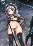  bikini blue_eyes cape elbow_gloves gloves highres hood lord_of_vermilion lord_of_vermilion_iii micro_bikini navel shimo_(depthbomb) short_hair silver_hair solo swimsuit thighhighs 