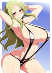  armpits arms_behind_head bikini black_bikini black_swimsuit blonde_hair bracelet breasts curvy female gradient gradient_background hair_ornament hairclip hand_behind_head huge_breasts jewelry long_hair looking_at_viewer navel pink_eyes ponpo purple_eyes seductive_smile senran_kagura senran_kagura_(series) shiki_(senran_kagura) shiny_skin skindentation sling_bikini smile solo standing strap_gap summer sweat swimsuit 