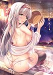  ass back basin blush breasts bucket butt_crack kantai_collection long_hair medium_breasts off_shoulder panties pouring shoukaku_(kantai_collection) sideboob sitting skirt skirt_pull smile solo thighhighs underwear water white_hair yellow_eyes yuriko 