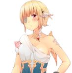  au_ra bad_id bad_pixiv_id bare_shoulders blonde_hair blush breasts eyepatch final_fantasy final_fantasy_xiv hair_ornament highres looking_at_viewer medium_breasts pink_eyes rima_(rimarip) short_hair solo summoner_(final_fantasy) upper_body white_background wings 