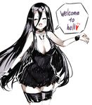  :d ^_^ bare_shoulders battleship_hime black_dress black_hair blush bracer breasts choker cleavage closed_eyes collarbone commentary cowboy_shot dress english hair_between_eyes heart horns kantai_collection large_breasts long_hair oni_horns open_mouth reverse_translation shinkaisei-kan short_dress simple_background smile solo speech_bubble sumisu_(mondo) thigh_strap white_background white_skin 