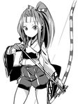  arrow bow_(weapon) greyscale headband japanese_clothes kantai_collection ken_(koala) long_hair lossy-lossless monochrome ponytail solo weapon white_background zuihou_(kantai_collection) 