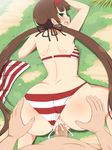 1girl ass ass_grab bangs bikini bikini_aside blunt_bangs blush brown_hair butt_crack censored clothed_female_nude_male clothed_sex cum cum_in_pussy doggystyle flat_chest from_behind grass green_eyes hair_ornament hair_ribbon hairband heterochromia long_hair looking_at_viewer looking_back low_twintails moaning nature on_ground open_mouth outdoors penis pov pov_eye_contact profile ribbon ryoubi_(senran_kagura) senran_kagura sex skindentation striped striped_bikini sweat swimsuit top-down_bottom-up twintails wavy_mouth yaomai 