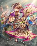 axe battle_axe breasts brown_eyes brown_hair company_name earrings eikou_no_guardian_battle highres huge_weapon jewelry madogawa medium_breasts official_art short_hair smile solo weapon 