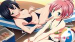  aqua_eyes ball beachball bikini black_eyes black_hair blush breasts chair cleavage end_card frilled_bikini frills fujimaru_(bluebrand) joukamachi_no_dandelion large_breasts lounge_chair mouth_hold multiple_girls navel non-web_source red_hair sakurada_kanade sakurada_misaki strap_gap sweatdrop swimsuit wavy_mouth 