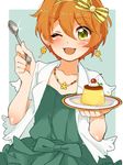  ;d bad_id bad_pixiv_id bow dress food hair_bow hairband hoshizora_rin jacket love_live! love_live!_school_idol_project one_eye_closed open_mouth orange_hair pudding purin_(purin0) short_hair smile solo spoon yellow_eyes 