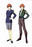  blue_neckwear boots brown_eyes brown_hair concept_art earrings full_body hand_on_hip high_heels highres jacket jewelry lips looking_at_viewer military military_uniform multiple_views necktie short_hair simple_background uniform variations viola_guines zone_of_the_enders 