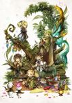  4boys apple apron arm_support bag bandaged_arm bandages basket bird bird_on_hand blonde_hair boots bottle bread brown_hair carbuncle_(final_fantasy) cloak closed_eyes crossed_arms crossed_legs cup final_fantasy final_fantasy_xi flower food fruit fujiwara_akina glasses green_hair grin hair_ribbon highres holding holding_cup hood hood_down hooded_cloak in_tree indian_style lantern log long_sleeves looking_at_another mandragora_(final_fantasy) moss mug multiple_boys pants paper_bag petals picnic picnic_basket plant pointy_ears ponytail purple_eyes ribbon robe rug shantotto short_sleeves sitting slippers smile standing star tarutaru teapot tree twintails white_background wide_sleeves 