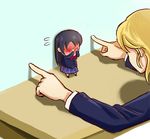  ayase_eli black_hair blazer blonde_hair blush covering_face dha315 embarrassed flying_sweatdrops full-face_blush jacket long_hair love_live! love_live!_school_idol_project lowres minigirl multiple_girls otonokizaka_school_uniform school_uniform size_difference sonoda_umi wall_slam yuri 