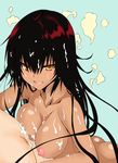  1boy 1girl black_hair breasts dark_skin highres long_hair looking_at_viewer master_nemesis nipples nude shiny_skin simple_background smile soap_bubbles suds to_love-ru yellow_eyes 