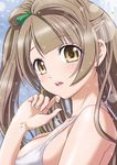  asymmetrical_hair bangs bare_shoulders bikini bikini_top blunt_bangs blush bow breasts fingernails green_bow hair_bow halterneck hand_on_own_chin light_brown_hair light_particles long_hair looking_at_viewer love_live! love_live!_school_idol_project medium_breasts minami_kotori nanno_koto open_mouth solo swimsuit white_bikini yellow_eyes 