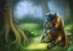  2015 anthro armor black_fur blue_eyes canine claws forest fur grass katana leather leather_armor male mammal melee_weapon mist naira outside rock sitting solo sword tanro tree weapon wolf 