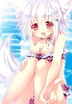  animal_ears bikini blush breasts character_name cleavage collarbone hair_ornament hairclip hikanyan inubashiri_momiji looking_at_viewer open_mouth red_eyes short_hair silver_hair sitting smile solo swimsuit tail touhou wolf_ears wolf_tail 