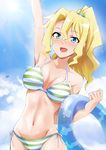  :d bikini blonde_hair blue_eyes breasts cindy_campbell day highres innertube kaiga large_breasts long_hair navel open_mouth ponytail shinryaku!_ikamusume side-tie_bikini smile solo striped striped_bikini swimsuit waving 