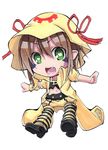  :d absurdres brown_hair chibi commentary_request cototiworld facepaint fang green_eyes highres loose_socks marker_(medium) merry_nightmare midriff navel open_mouth smile socks solo striped striped_legwear traditional_media yumekui_merry 