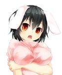  alternate_breast_size animal_ears black_hair blush breast_hold breasts bunny_ears gorilla_(bun0615) inaba_tewi large_breasts open_mouth red_eyes short_hair short_sleeves simple_background solo touhou white_background 