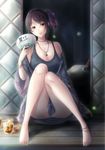  anklet barefoot black_hair blush breasts drink fan hair_ribbon jewelry kuroe_hikage long_hair medium_breasts original paper_fan porch ribbon smile solo uchiwa uro_(uroboros) 