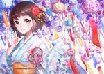  brown_hair hair_ornament japanese_clothes kimono looking_at_viewer mika_pikazo original purple_eyes sash short_hair smile solo wind_chime 