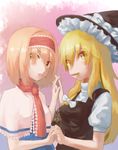  alice_margatroid bad_id bad_nicoseiga_id blonde_hair bow brown_eyes cookie cookie_(touhou) ekakiyou_udon eyes_visible_through_hair food frills hair_bow hat hat_bow headband highres holding_hands kirisame_marisa mouth_hold multiple_girls orange_hair puffy_sleeves short_sleeves touhou uzuki_(cookie) 