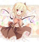  blonde_hair flandre_scarlet hasuga_sea no_hat no_headwear open_mouth red_eyes short_hair side_ponytail smile solo touhou wings 