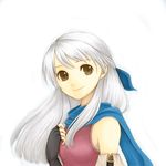  bare_shoulders black_gloves blue_scarf dress fingerless_gloves fire_emblem fire_emblem:_akatsuki_no_megami gloves hair_ribbon half_updo hand_on_own_chest long_hair lowres micaiah ribbon scarf silver_hair simple_background sleeveless sleeveless_dress smile solo upper_body white_background yellow_eyes 