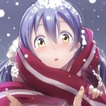  :o blue_hair blush crying crying_with_eyes_open face looking_at_viewer love_live! love_live!_school_idol_project muneshiro_(hitsuji_kikaku) open_mouth pov scarf snow snow_on_head sonoda_umi tears yellow_eyes 