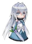  :&lt; absurdres blue_eyes bow chibi cototiworld elbow_gloves engi_threepiece flower fur_trim gloves grey_hair highres marker_(medium) simple_background solo sword symbol-shaped_pupils traditional_media weapon yumekui_merry 