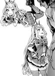  1girl :d asanagi blush cagliostro_(granblue_fantasy) commentary_request crown dress granblue_fantasy greyscale hands_on_hips height_difference long_hair looking_at_viewer lying monochrome on_back open_mouth simple_background size_difference smile tall thighhighs white_background 